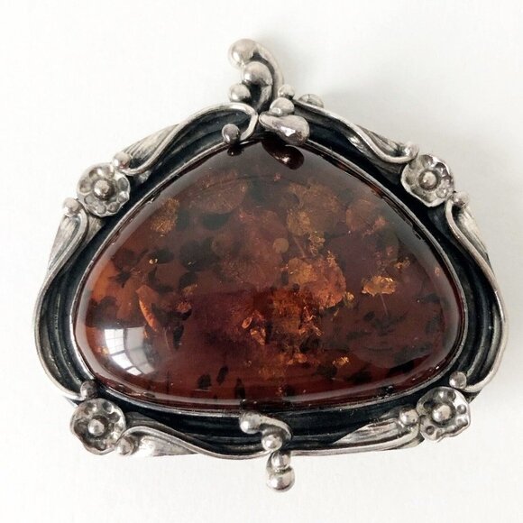Genuine Baltic Amber & Sterling Silver Pin Brooch Vintage Rare - Picture 2 of 5